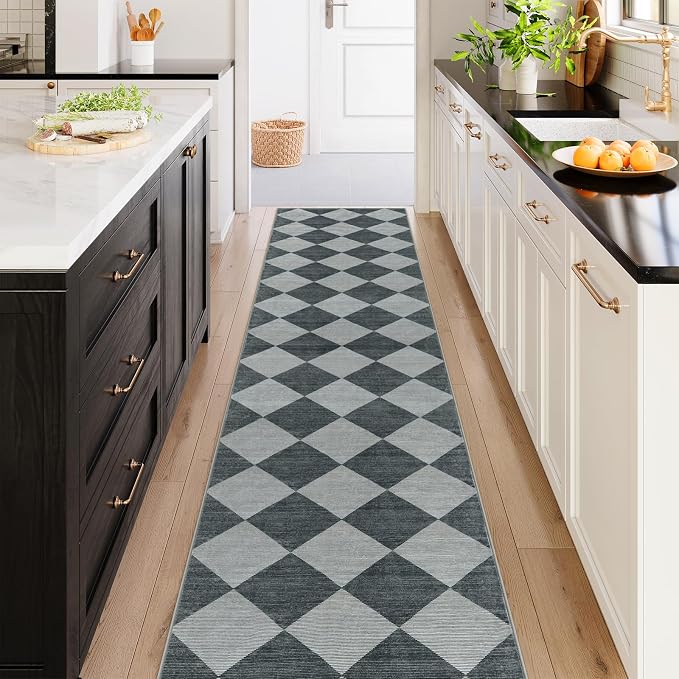Beeiva Checkered Rug Runner for Hallways 2.5x12, Kitchen Runner Rugs Non Skid Washable Ultra Thin, Moroccan Extra Long Carpet for Bathroom Decor, Modern Plaid Carpet for Kitchen (Blue/Grey)