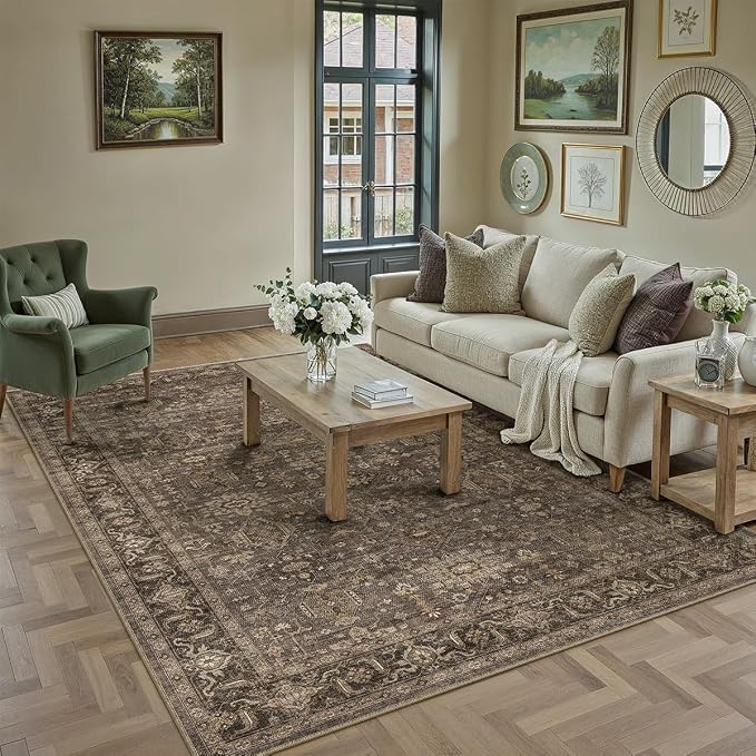 6x9 Dark Brown Vintage Area Rug | Washable, Non Slip, Soft Low Pile, Traditional Farmhouse, for Living Room Bedroom Dining Room Indoor