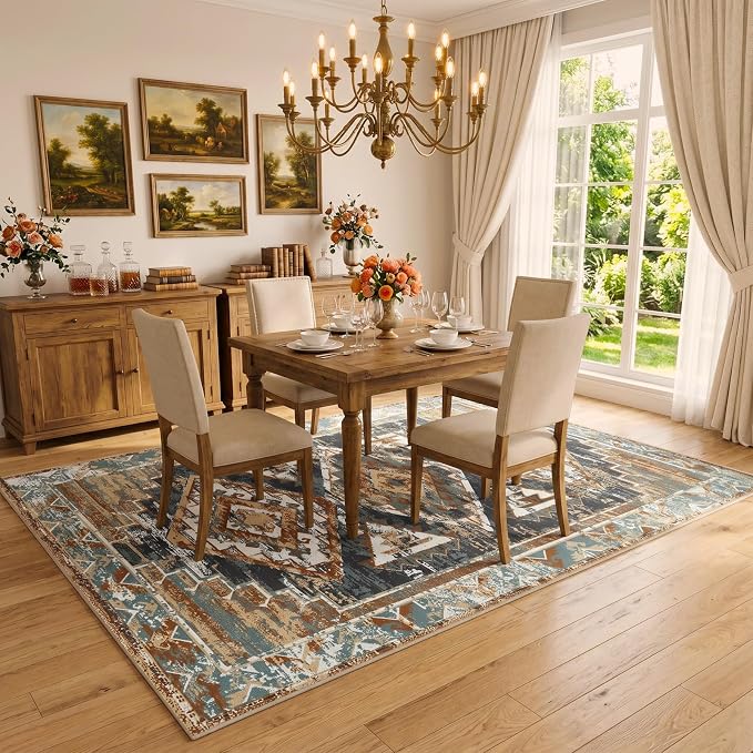 Washable 5x7 Area Rug for Living Room, Rustic Farmhouse Low-Pile Non-Slip Carpet, Stain Resistant Vintage Southwestern Rug for Bedroom Office Dining Room, Blue Rust Ivory