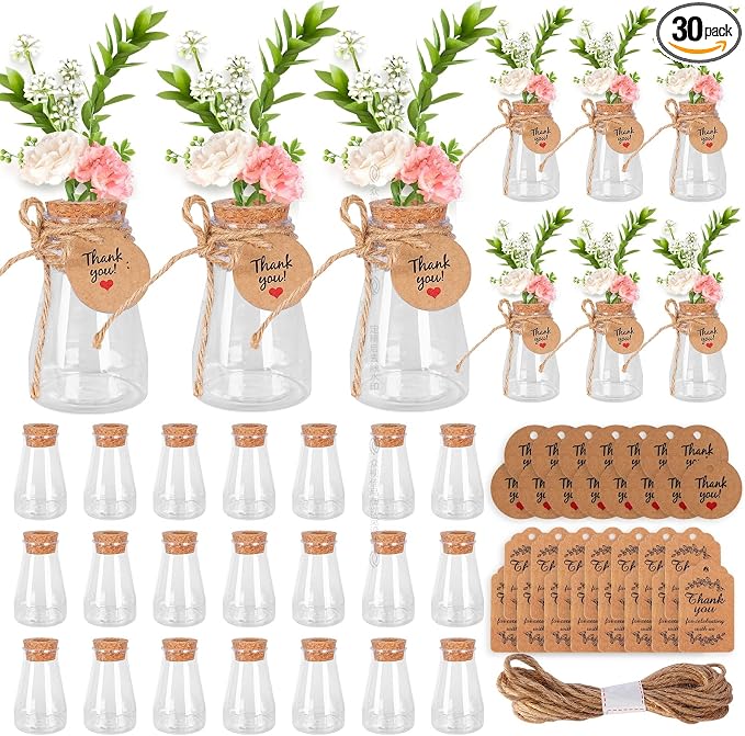 30 Pack Plant Propagation Stations, 3.35" Shatterproof Plastic Propagation Jars Clear Hydroponic Small Vases Hanging Planter Tubes with Hole Cork Lids & Tags for Plant Lovers Garden Gifts Office