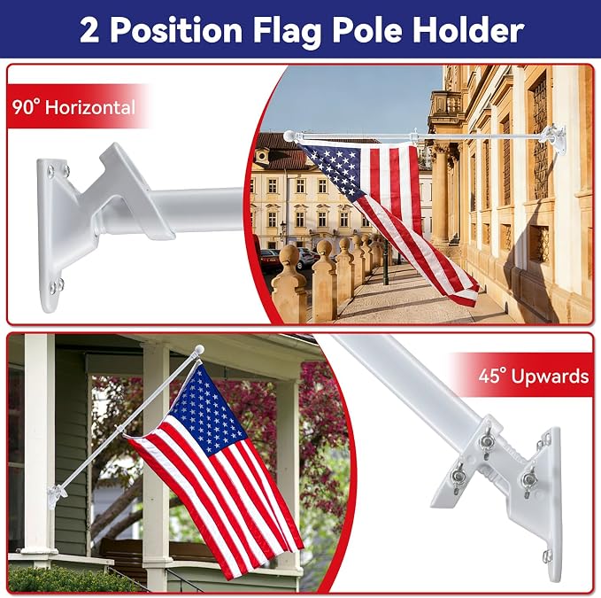 7FT Flag Pole with American Flag for Outside House and Portable Use, Heavy Duty Flagpole Kit with 3x5 Embroidered USA Flag, Tangle Free Steel Pole for Flags with Bracket, White Color