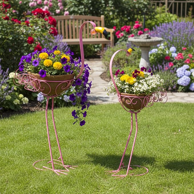 Pink Flamingos Metal Potted Plants Holders with Coconut Flower Pots | Manortang Set of 2 Yard Flamingos Plant Stand Indoor & Outdoor, Floral Garden Christmas Decor, Flower Pot Stand Outdoor