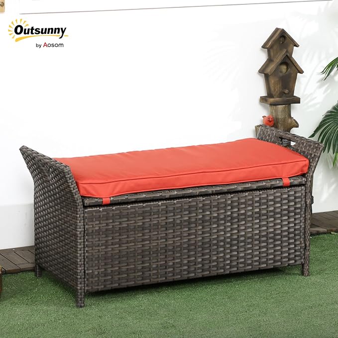 Outsunny 29 Gallon Patio Wicker Storage Bench, Outdoor PE Rattan Furniture, 2-in-1 Large Capacity Rectangle Garden Storage Box with Handles and Cushion, Red