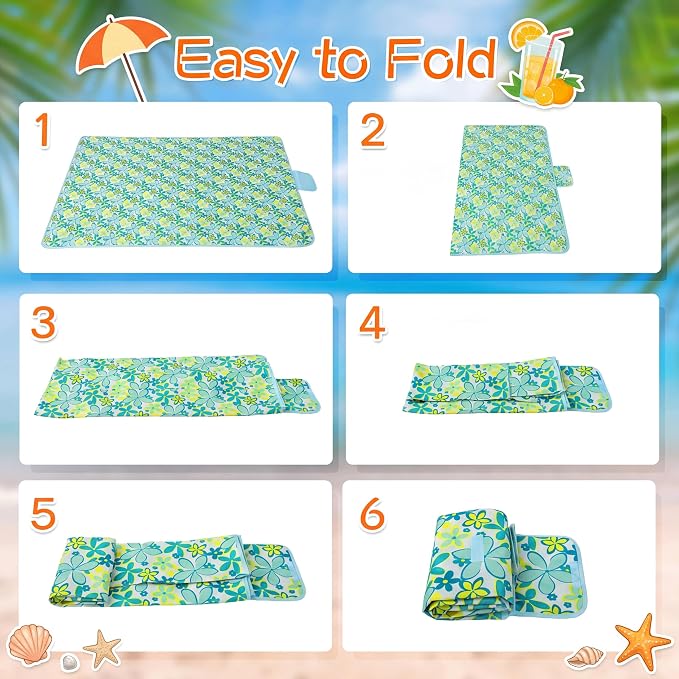 Shellwei 6 Pcs Beach Blankets Waterproof Sandproof Extra Large 80 x 60 Inch Outdoor Picnic Blankets Foldable Portable Beach Mat Tote Travel Supplies for Camping Park Grass (Blue Lily)