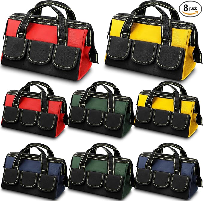 Silkfly 8 Pcs Tool Bags for Men Heavy Duty with Waterproof Hard Bottom Wide Mouth Large Tool Tote Bag Multi Pockets Organizer Tools Kit for Electrician Carpenter Mechanic Dad Gifts(16 Inch)