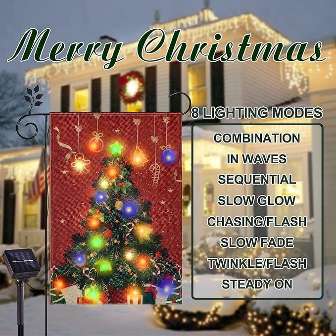 Lighted Christmas Garden Flag for Outside, Solar LED Xmas Tree Flag Decoration, 12x18 Double Sided Outdoor Yard Lawn Decor