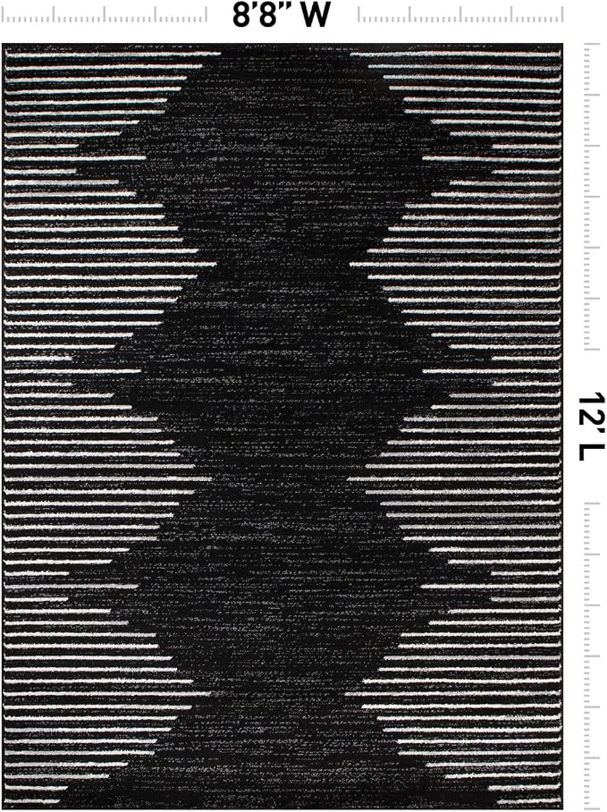 Rugshop Bohemian Stripe Stain Resistant Large Area Rug Black 8'8" x 12' | High Traffic,Fade Resistant, Living Room, Bedroom, Dining Room, Large Areas,Basement,Open Spaces,Kitchen,Oversized Area Rug
