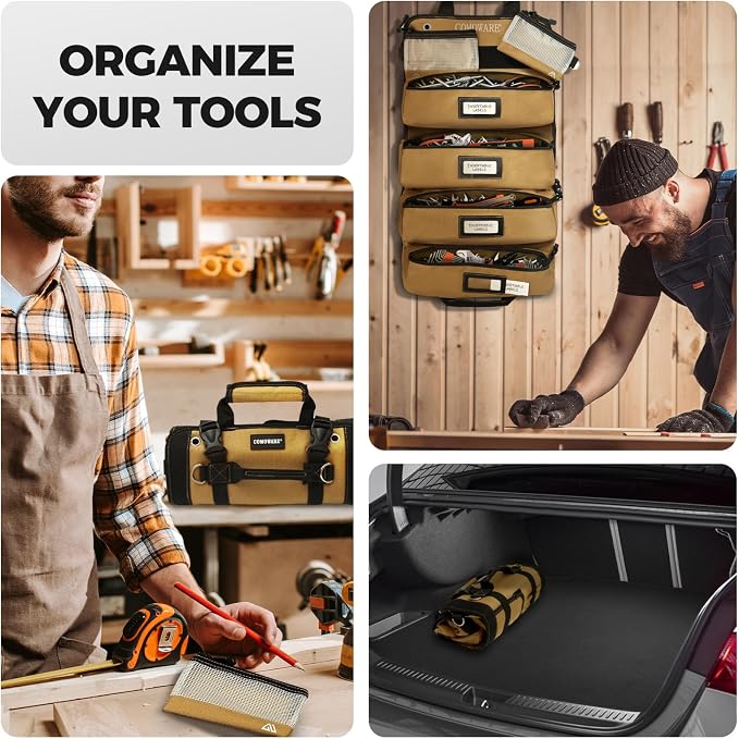 COMOWARE Roll Up Tool Bag, Gift for Dad, 600D Oxford PVC Coated Tool Organizer with 11 Pouches, 5 Exterior Wrench Pockets & Adjustable 51.2" Shoulder Strap for Mechanics, Plumbers, Camping, Motorcycle