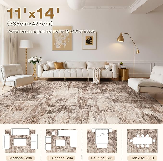 kakania Abstract 11x14 Area Rugs for Living Room: Washable Rugs Brown | Soft, Non-Slip, Low-Pile, Pet & Kid Friendly - Large Modern Home Decor Carpet for Bedroom/Dining Room/Office/Nursery