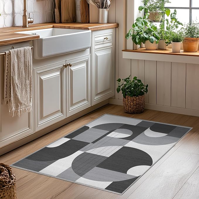 2x3 Black and White Geometric Modern Rug for Bathroom Entryway Abstract Area Rug Machine Washable Mat Non-Slip Small Carpet for Bedroom Kitchen Indoor