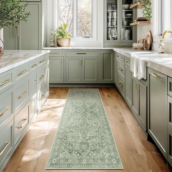 Sage Green 2x6 Runners for Kichen Floor Washable Non Skid, Soft Green Medallion Hallway Runner Rug for Entryway Foyer Mudroom, Cottagecore Carpet Runners 6ft for Bedside Bathroom Laundry Room