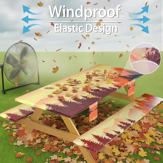 Fitted Waterproof Picnic Table Cover with Bench Covers Elastic Reusable Camping Table Cloths for 6Ft Rectangle Tables Summer Camp Motorhome Party Gear Outdoors Car Travel Trailer Gadgets Gift