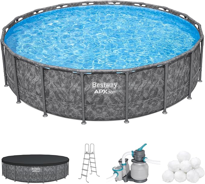 Bestway APX 365 18' x 52" Above Ground Pool Set with Sand Filter Pump | Long-Lasting All-Season Swimming Pool with Galvanized Steel Frame - Ladder, Cover, and Polysphere Filtration Balls Included