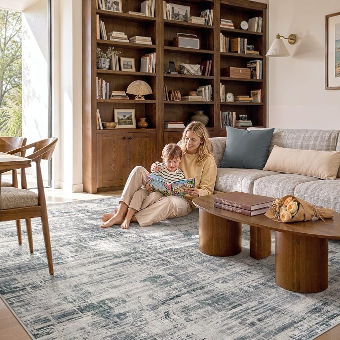 UERMEI 8x10 Area Rug for Living Room Washable Abstract Gray Carpet | Low Pile Non-Slip Soft Neutral Modern Kid Pet Friendly Large Rugs For Bedroom Dining Room Nursery Office Indoor Decor
