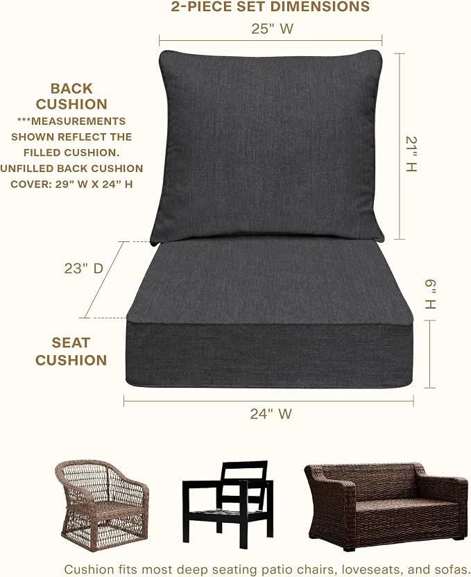 Honeycomb Outdoor Heritage Deep Seat, 24 x 23, Textured Solid Charcoal Grey Chair Cushion with Removable Cover, for Patio Furniture