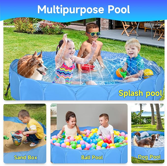 Collapsible Sprinklers Pool for Pet - Foldable Dog Pool for Backyard - Portable Heavy Duty Splash Pad for Puppy Pet Dog (63" x 12")