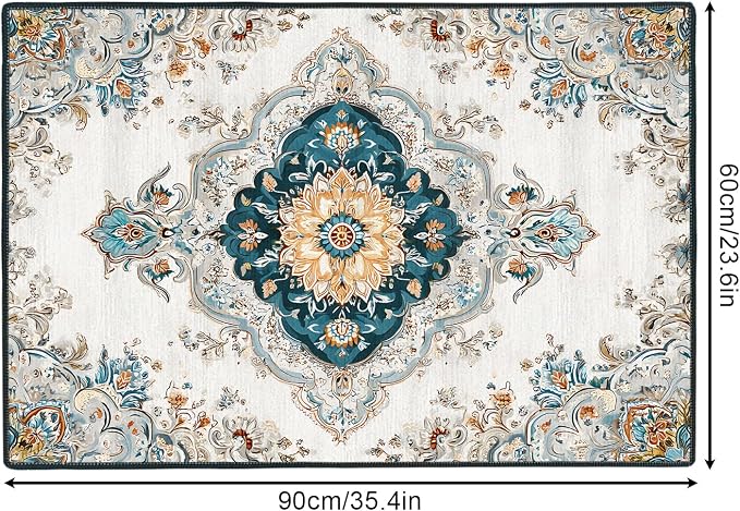 White Gold Floral 2x3 Entry Rug,Washable Small Rugs for Entryway Kitchen Bathroom Door Mat Indoor Entrance,Non Slip Rubber Backing, Stain & Fade Resistant,Elegant Traditional Persian Decor