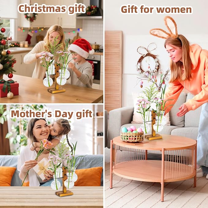 Plant Propagation Station with Wood Stand - 4 Bulb Glass Vases | Propagation Vases for Plants, Terrarium Kit for Home Office Garden Decor, Gifts for Plant Lovers