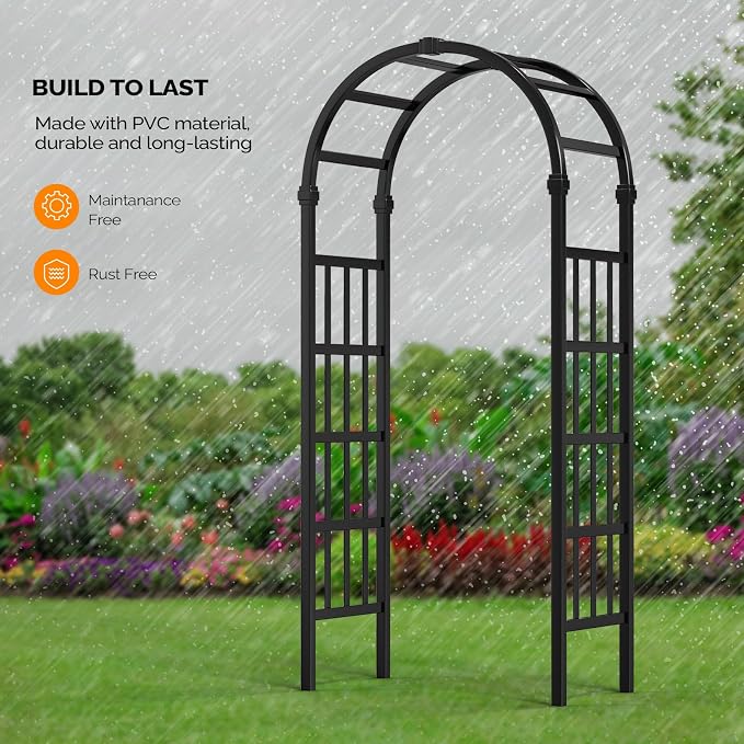 VINGLI Vinyl Garden Arbor, PVC Wedding Arch for Ceremony Party, Garden Trellis for Climbing Plants Outdoor, Arch Backdrop Stand for Garden, Backyard, Lawn (Black)