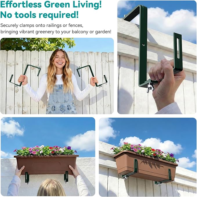 Adjustable Planter Box Brackets,Enhanced Bottom Support,Universal Outdoor Hanging Brackets,Flower Box Brackets for Fence Railings, Windowsill, Patio, Garden,Balcony. (6, Green)