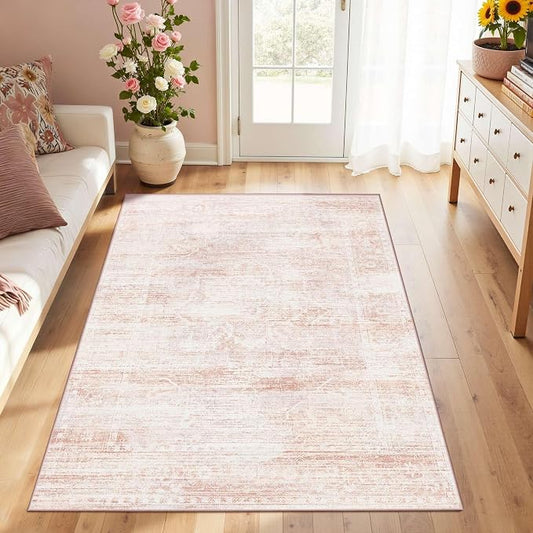 Latte&Fog 3x5 Entryway Pink Area Rugs, Vintage Floral Washable Cute Rugs | for Girls Bedroom Dining Kitchen Kids Playroom Nursery Classroom Dorm Farmhouse Office, Non Slip Low Pile Soft Floral Carpet