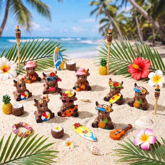 Yaomiao 60 Pcs Mini Highland Cow Figurines Resin Hawaii Highland Cow Figurines Summer Miniature Resin Gift Hawaii Decorations for Beach Hawaiian Party Favor Gift Tiered Tray Decor