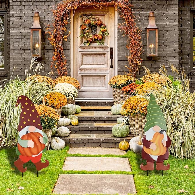 Fall Decorations for Home Outdoor, 2 Pack 25" Decorative Garden Stakes with Gnomes Pumpkin for Fall Decor, Metal Yard Signs for Outside Garden Lawn Porch Patio Thanksgiving Decorations