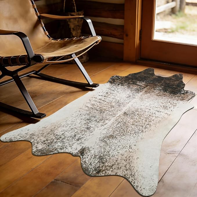 2x3 Small Cowhide Rug, Washable Faux Brown and White Hide Runner Rugs for Entryway, Classic Texas Animal Print Accent Carpet for Fireplace Bedside, Synthetic Decor