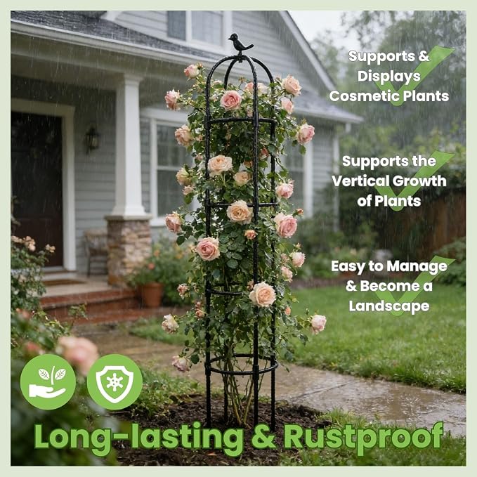 Lancisism Garden Obelisk Trellis for Climbing Plants Outdoor - 2 Pack 6.3 Ft Plant Support Round Trellis for Potted Plants Indoor - Rustproof Plastic Coated Tomato Cage for Vines Flowers Vegetable