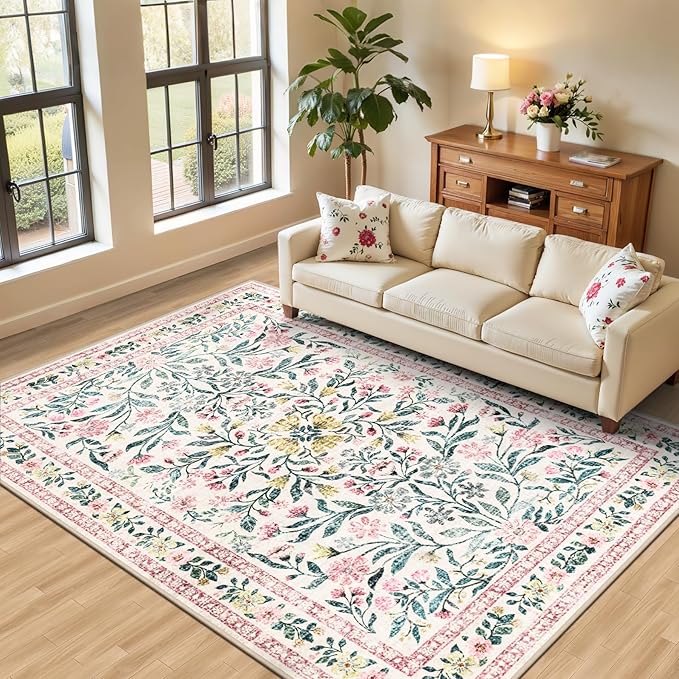 PLHXFR Area Rug Living Room: 5x7 Floral Washable Boho Carpet Pink Green | For Bedroom Dining Room Farmhouse Nursery Hallway,Vintage Floral,Machine washable,Non Slip,Stain Resistant,Large Indoor