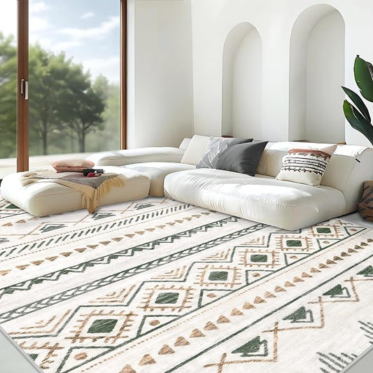 Area Rug for Living Room 10x14: Large Washable Boho Moroccan Rugs Geometric Neutral Rug, Non-Slip Foldable Morden Farmhouse Indoor Floor Carpet for Bedroom Dining Room Home Office（Brown Green,10'x14'）