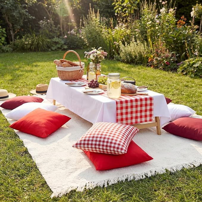 Yuntau Large Outdoor Boho Picnic Blanket with Table Runner 8 Pink White Red Pillows Covers No Pillow Summer Picnic Decor for Camp Birthday Party Bridal Shower Outdoor Backyard Garden(Red)