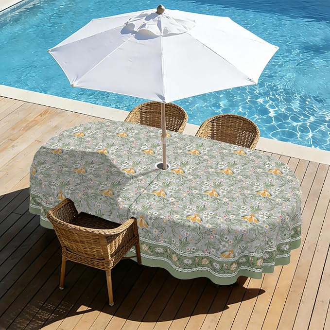 Green Print Outdoor Oval Tablecloth with Umbrella Hole 60" x 120" Waterproof Zipper Table Cloth for Patio Table - Ideal Tablecloths for Picnics, Camping, and Yard Use