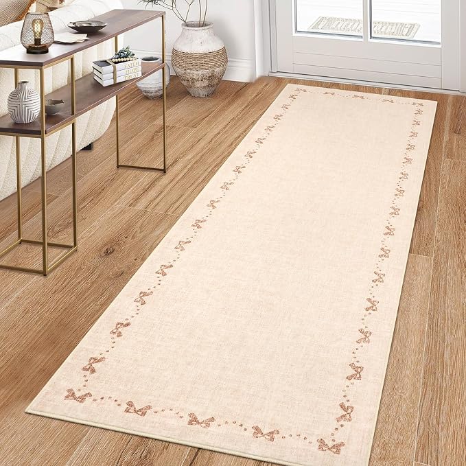 COZYLOOM 2x6 Bow Printed Indoor Rugs for Entryway Modern Border Washable Runner Rug with Non Slip Backing, Stain Resistant Non Shedding Throw Rug Solid Color Carpet for Kitchen, Bedroom, Beige