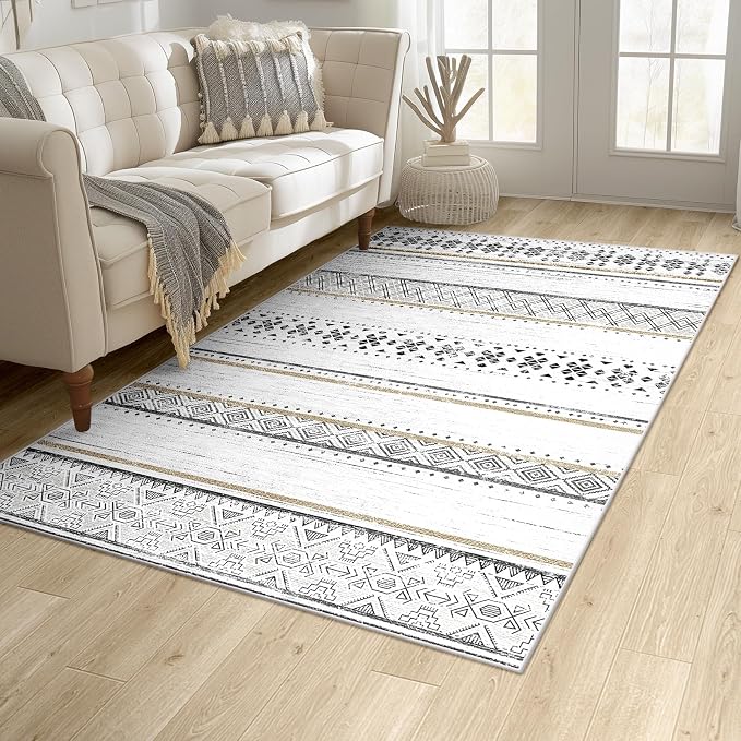 3x5 Washable Area Rugs for Living Room Boho Bathroom Rug Black/Brown | Vacuum Friendly, Machine Washable, Non-Slip Rug, Stain Resistant, Moroccan Geometric, Low Pile Carpet, Entryway Kitchen