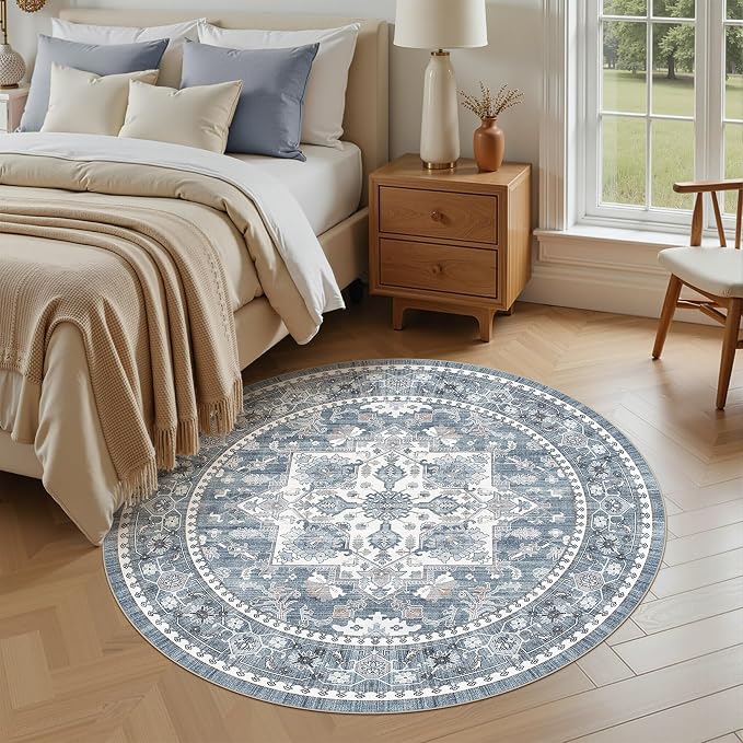 Washable Area Rug-8X8 Vintage Neutral Soft Blue | Non Slip Thin Foldable Large Floor Carpet for Living Room Bedroom Kitchen Dining Room Home Office Farmhouse Indoor