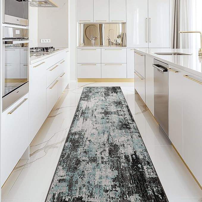 RELEANY Washable Runner 2'x10' Abstract Area Rug for Hallway Teal Black | Carpet for Kitchen, Entryway, Bathroom, Living Room, Bedroom, Printed Pattern, Non‑Slip, Soft, Stain‑Resistant, Easy to Clean