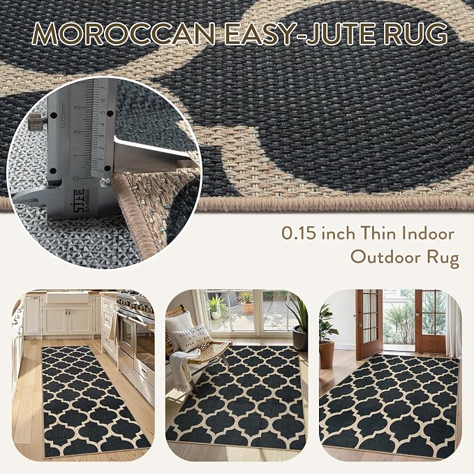 Lahome Moroccan 3x5 Outdoor Rug, Easy Jute Black Washable Rug for Entryway Front Porch, Geometric Trellis Woven Non Slip Door Mat for Entrance, Thin Non Shedding Farmhouse Throw Rugs for Balcony