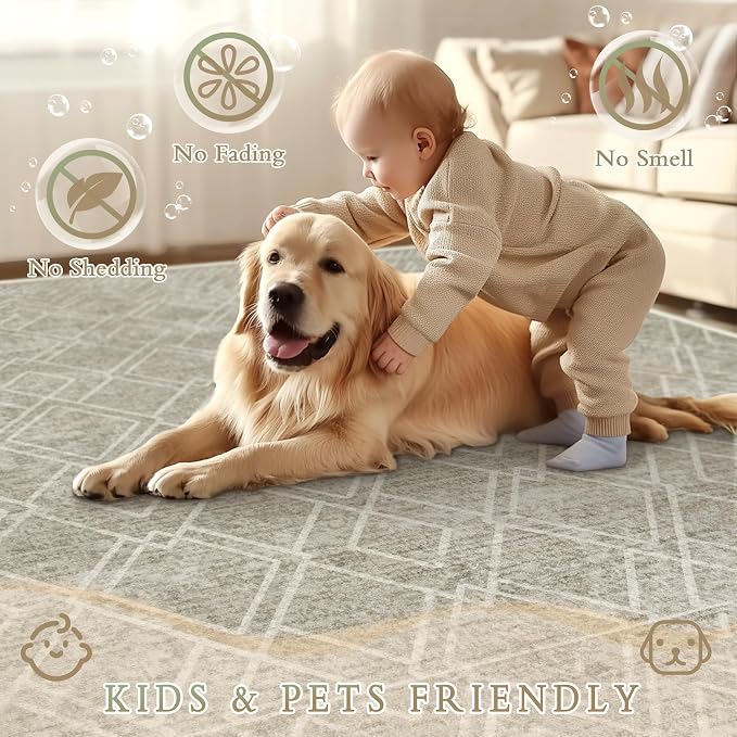 Area Rugs 8x10 Living Room Rug: Washable Geometric Moroccan Neutral Rugs Boho Modern Non Slip Area Rug Large Soft Indoor Floor Low Pile Carpet for Bedroom Dining Room Home Office (Brown, 8'x10')