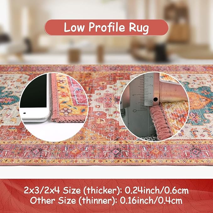 Moynesa Ultra-Thin Washable Round Rug - 4ft Pink Oriental Circle Area Rugs for Nursery Bedroom, Vintage Non Slip Non Shedding Low Pile Carpet for Living Room Coffee Table Entryway