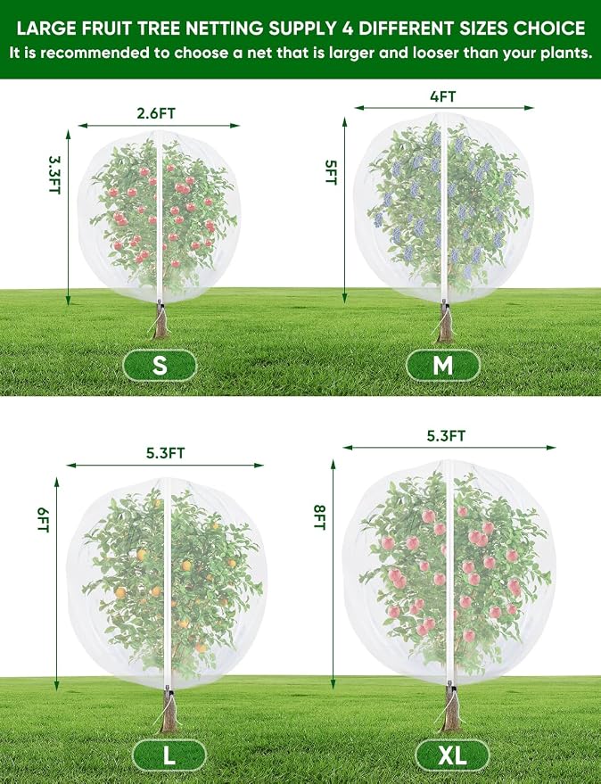 Fruit Tree Netting with Zipper - 4Pcs 5.3 x 6 FT Garden Bird Netting for Blueberry Bushes with Drawstring,Insect Plant Protection Mesh Net Bags for Tomato,Flowers,Animals,Cherry (4, 5.3 x 6 FT)