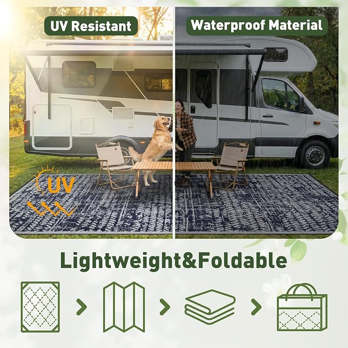 MontVoo Outdoor Rug Waterproof-Patio Rug Mat 6x9 Outdoor RV Camping Picnic Beach Mat Plastic Straw Rugs Outside Outdoor Area Rugs for Balcony Deck Backyard Navy Blue