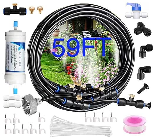 Misters for Outside Patio with Water Filter - Upgraded Brass Adapter (3/4") 59ft (18m) 20 Brass Spray Nozzle misting System,Pre Assembled Chicken Coop Cooling System for Poultry
