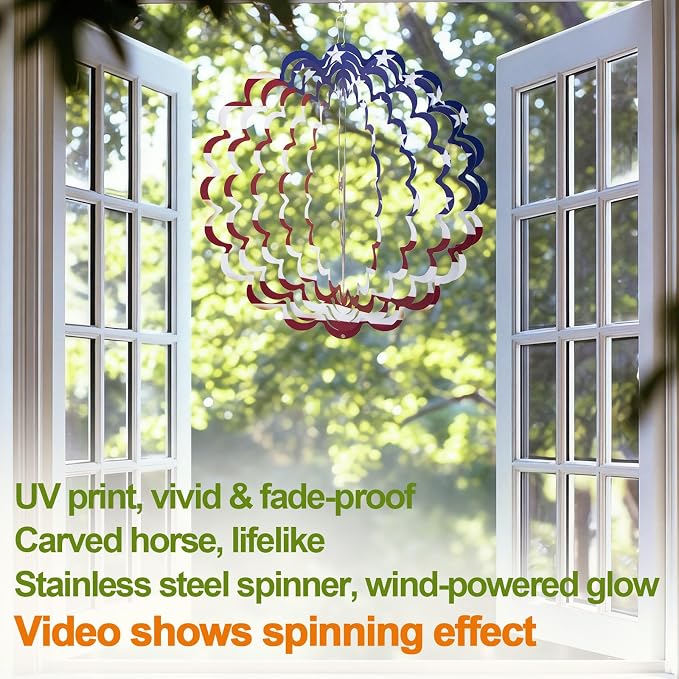 Horse Wind Spinner, 4th of July Decorations,Unique Birthday Horse Gifts for Women Men Mom, Metal Yard Art with American Flag, Patriotic Outdoor Decor for Garden, Porch or Patio(12 Inch)