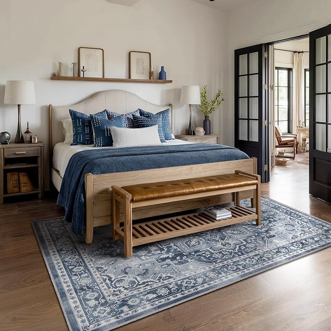 Blue Gray 5x8 Area Rugs for Living Room, Modern Vintage Medallion Dining Room Rug Washable Non Slip, Transitional Distressed Low Pile Thin Carpet Rugs for Den/Bedroom/Foyer/Home Office