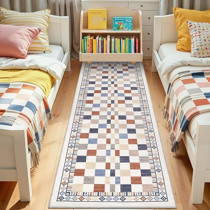 GarveeHome 2x6 Runner Rug for Kitchen Bath Modern Abstract Checkered Rug | Machine Washable Carpets for Nursery Room Non-Slip Low Pile Contemporary Multi-Color Laundry Room Area Rug for Kids Room