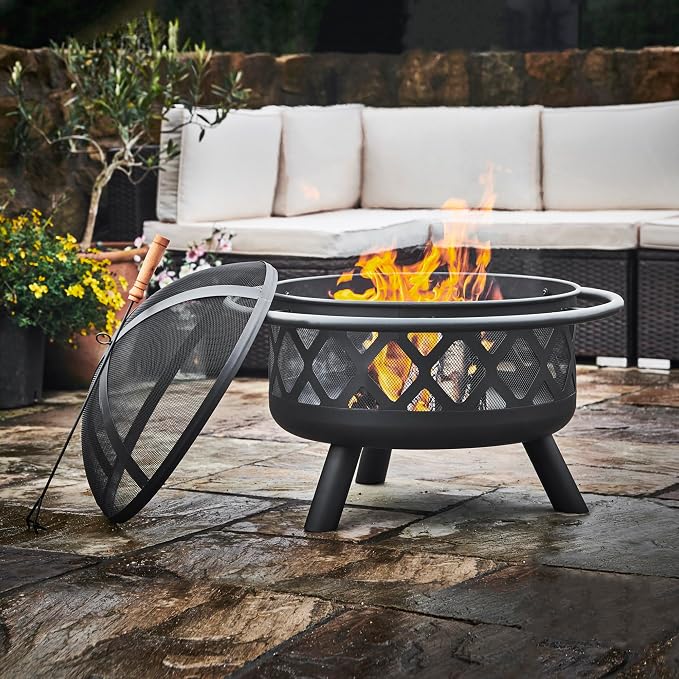 Teamson Home Round Steel Outdoor Fire Pit Outside Wood Burning Firepit Bonfire with Firebowl, Poker, Mesh Screen for Patio Garden Backyard BBQ, 30 Inch, Black | Wood Burning, Includes Firebowl, Poker, Mesh Screen, For Patio Garden Backyard BBQ