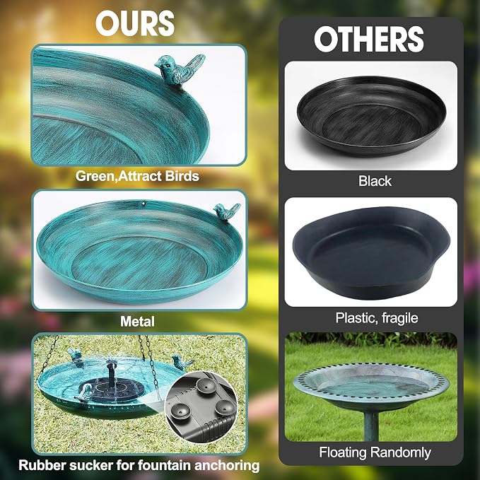 DazSpirit Hanging Bird Bath with Solar Fountain, 14.9" Metal Bird Bath for Outdoors, Fixed Solar Panel with 4 Nozzles, 3 Removable Decorative Birds, Hanging Birdbath for Garden Patio Porch Yard Gift