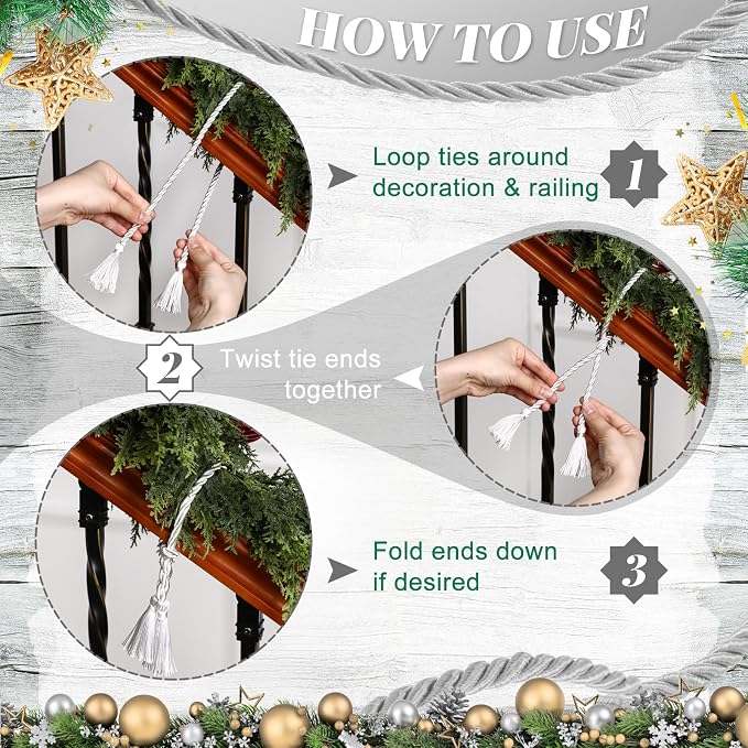 Dingion 20 Pcs Christmas Garland Decorative Banister Ties with Tassel 25.2 Inches Christmas Reusable Twist Ties for Garland Fireplace Staircase Banister Home Xmas Holiday Decorations(White)