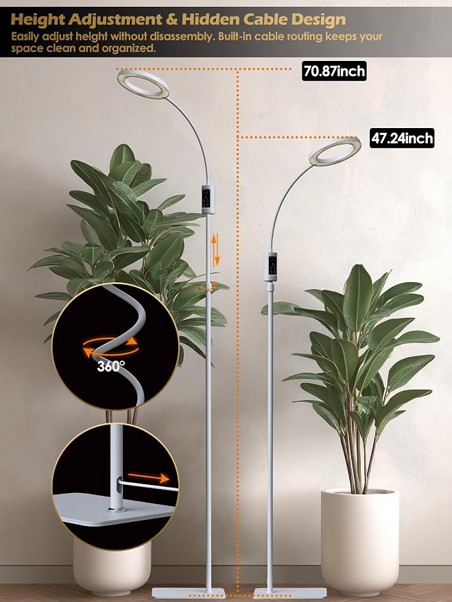 Smart Grow Lights for Indoor Plants, Plant Light with Auto-Timer, Full Spectrum LED Grow Light, Adjustable Height & Stepless Dimming,Plant Assistant Suitable for Most Plants (White, Single Head)
